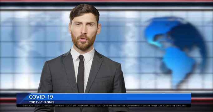 Male Caucasian handsome correspondent in suit and tie standing in studio and telling last hot news on TV. Man broadcaster speaking about coronavirus pandemic. Covid-19 report.