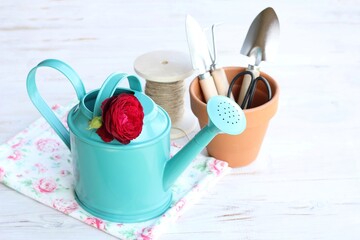 Garden watering can and red rose 