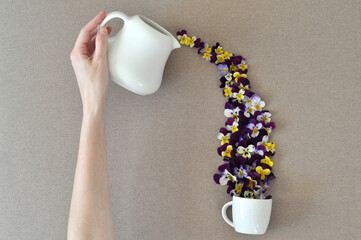Pansies pour from a vessel into a cup