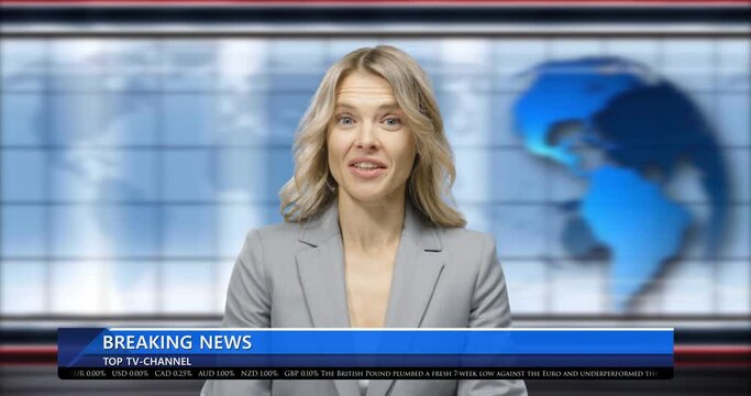 Cheerful beautiful Caucasian woman reporter standing in interactive TV studio and telling last breaking news. Female journalist working as newscaster on television and smiling while speaking to camera