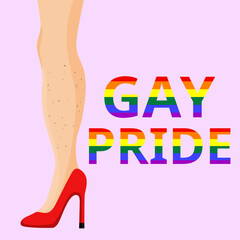 Male legs wearing red high heels on a light purple background with the text "Gay Pride". flat design vector.