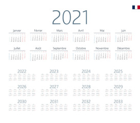 French Calendar for 2021-2033. Week starts on Monday