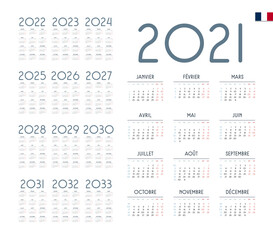 French Calendar for 2021-2033. Week starts on Monday