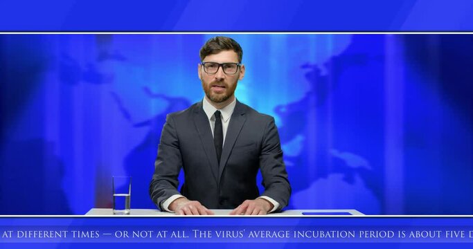 Caucasian handsome young man correspondent in glasses, suit and tie reading news, sitting in studio at table. Blue interactive background with world map. Male journalist narrator at live broadcasting.