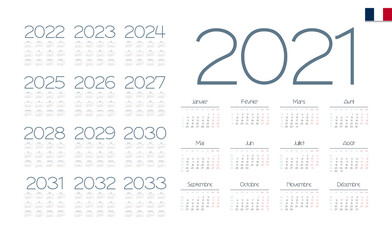 French Calendar for 2021-2033. Week starts on Monday