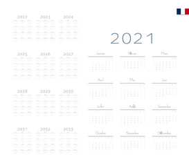 French Calendar for 2021-2033. Week starts on Monday