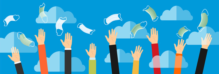 Hands throwing up medical masks, celebrating win over coronavirus covid-19. Celebrating victory over nCoV virus. Ending pandemic quarantine. Vector concept illustration.