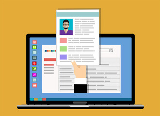 Applying for job, giving CV, job competition out from laptop. Human resources, online job application, job interview vector concept