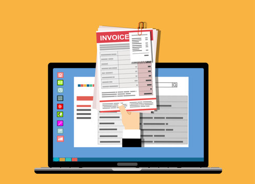 Online digital invoice laptop or notebook with bills, flat design illustration.
