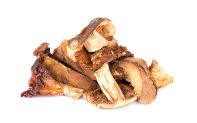 Dried sliced mushrooms isolated on white background. Dried forest mushrooms. Close up.