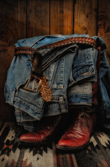 Blue denim jeans piled atop a pair of lizard skin cowboy boots in a rustic western setting. Strong warm side lit still lfie.