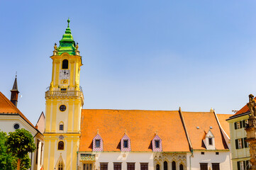 Architecture of Bratislava, capital of Slovakia, which lays on both banks of the Danube River and the left bank of the Morava River.