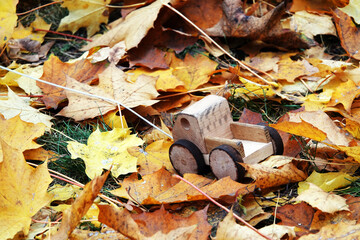 Wooden typewriter on autumn leaves
