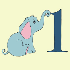 Figures for children. Number one and baby elephant. Fun math.