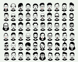 Flat line black avatar icons collection of people avatars for social network, social media.