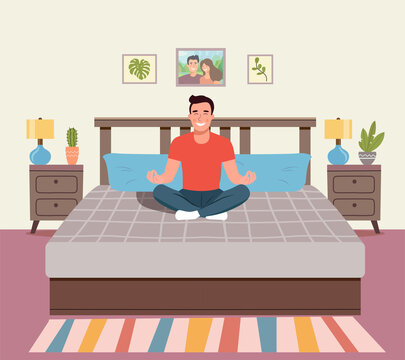 Man meditating. Man in yoga pose, lotus position. Vector flat illustration isolated