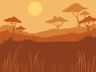 landscape with trees and sunset. Sunset in Africa. African landscape 