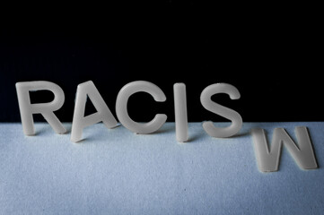 Drop racist, word written with letters on a two-tone background, the last letter fell. Concept...