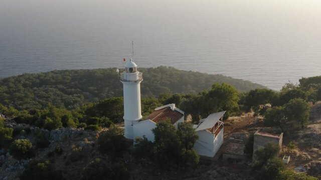 Gelidonya lighthouse on the coast of the Mediterranean sea Beautiful landscape. Amazing nature of Turkey. Aerial view 4K