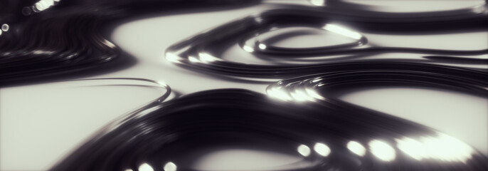 3d render of abstract reflective metal wire on white background, shallow depth of field, panoramic