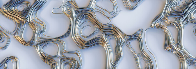 3d render of abstract swirly reflective metal wire on white background, panoramic