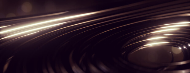 3d render of abstract swirly reflective metal wire, shallow depth of field, panoramic