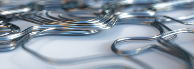 3d render of abstract swirly reflective metal wire on white background, shallow depth of field, panoramic