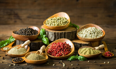 Various colorful peppercorns in the bowls and spoons on wooden table.