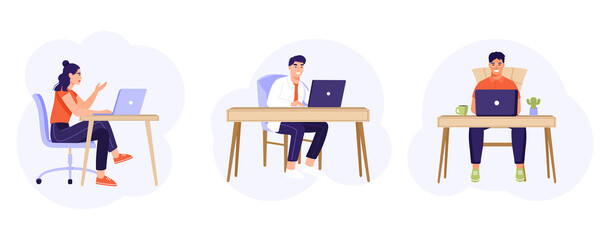 Collection of office workers sitting at desks. Men and woman sitting on a chair at the table and working on laptop. Vector illustration on white background.