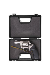 silver gun revolver isolate on white background. Weapons for sports and self-defense.