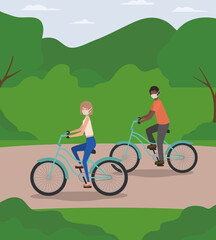 Girl and boy with mask on cycle at park design of medical care and covid 19 virus theme Vector illustration