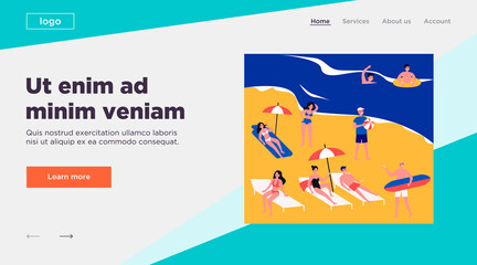 People relaxing at beach flat vector illustration. Cartoon various characters sunbathing under umbrella, swimming in ocean and playing games. Vacation and summer activity concept