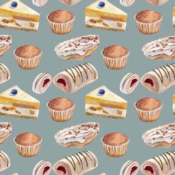 Watercolor seamless pattern made of different desserts (cheesecake, muffin, sweet roll, eclair). Endless texture for design.
