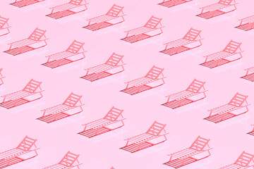 3d render. Pattern of sunbeds in pink monochrome colors. Minimalistic style, aesthetic and surrealism. Summer vacation vibes - 358843753