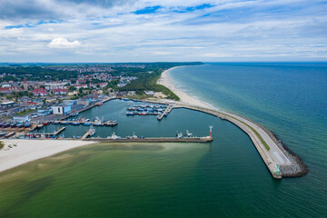 Aerial view of Wladyslawowo marina, port and beach. Pomerania, Poland.