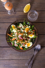 Smocked mackerel salad with eggs and radish. Healthy diet food. View from above, top studio shot