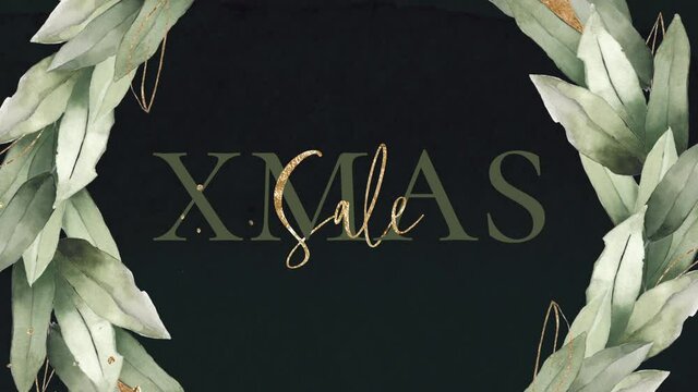 Merry Christmas xmas holiday sale promotion animation leaf natural wreath festive gold texture handwritten font dark deep green golden luxurious  
