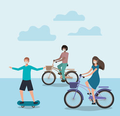People with masks on cycles and skateboard with clouds design of medical care and covid 19 virus theme Vector illustration