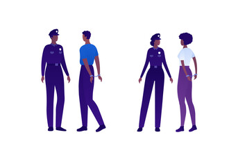 Police security character concept. Vector flat person illustration set. Group of african american people. Man and woman officer with arrested in handcuffs. Design element for banner, infographic, web.