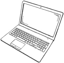 Doodle of modern laptop - sketch style black and white illustration. Black outline and white filling on transparent background.