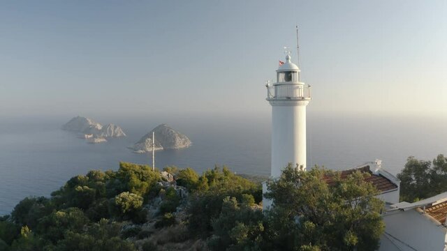 Gelidonya lighthouse facing the Greek islands. Aerial view 4K.