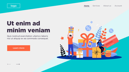 Customers getting gifts and rewards for purchases. Tiny people holding presents, bonus card with tags. Can be used for promotion, sale, discount, loyalty program concept