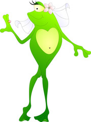 frog bride with veil on her head, admires the engagement ring