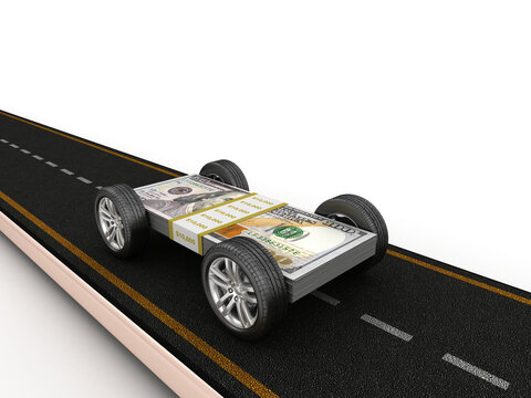 Rendering Illustration of Road with Dollar Bills on Wheels