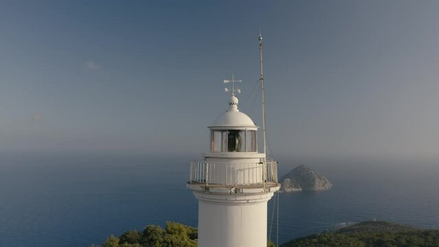 360 degree aerial close shot of lighthouse in Turkey. The lantern room of Gelidonya lighthouse. Drone footage 4K