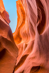 A view looking up out of the canyon in lower Antelope, Canyon, Page, Arizona