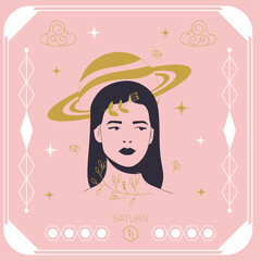 Vector illustration in minimal linear style. Female portrait with planet Saturn.