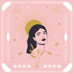 Vector illustration in minimal linear style. Female portrait with planet Sun.