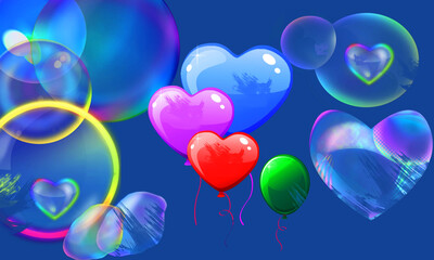 Фон для поздравлений. Воздушные шары. Мыльные разноцветные пузырики на голубом фоне. Картинка .Открытка.