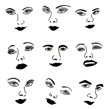 Illustration of Simple Facial Features Human Face silhouette Icon Set